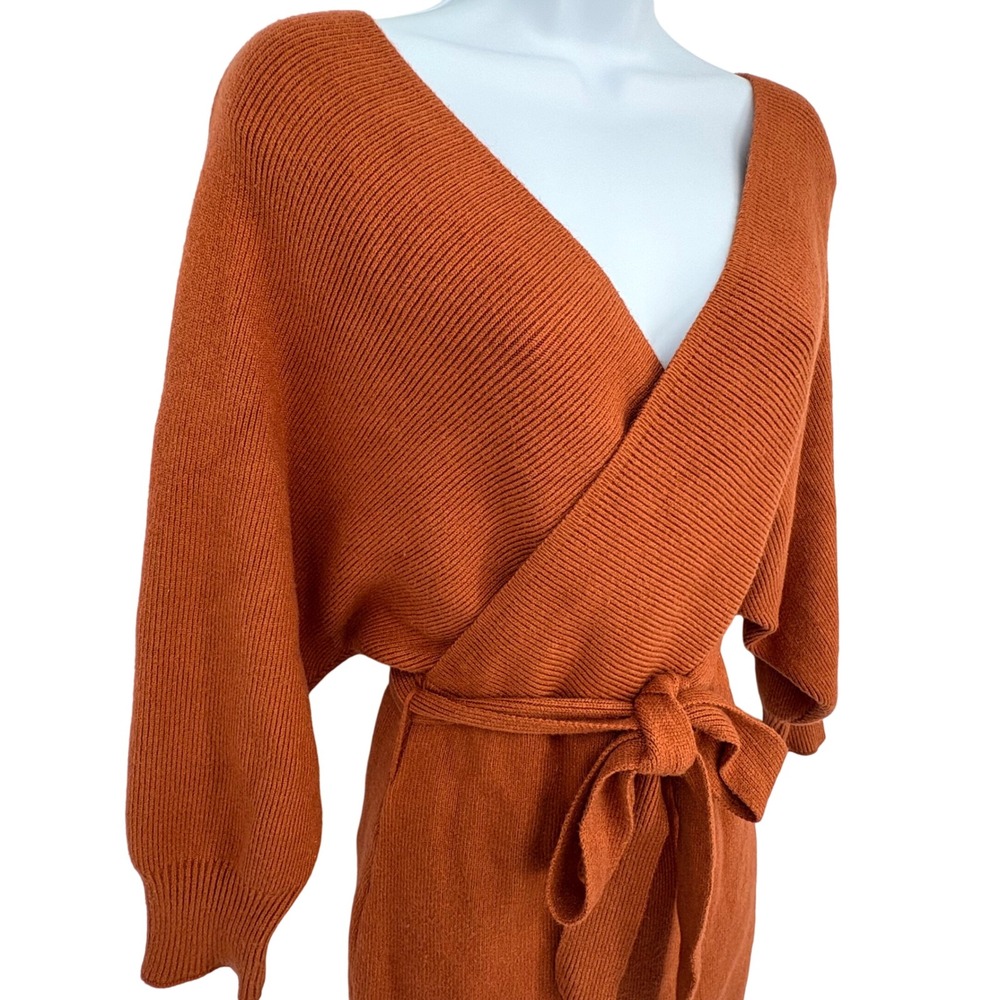 Lulus Ribbed Batwing Knit Wrap Sweater Dress Rust‎ Belted LG Bodycon Resortcore - Picture 3 of 9